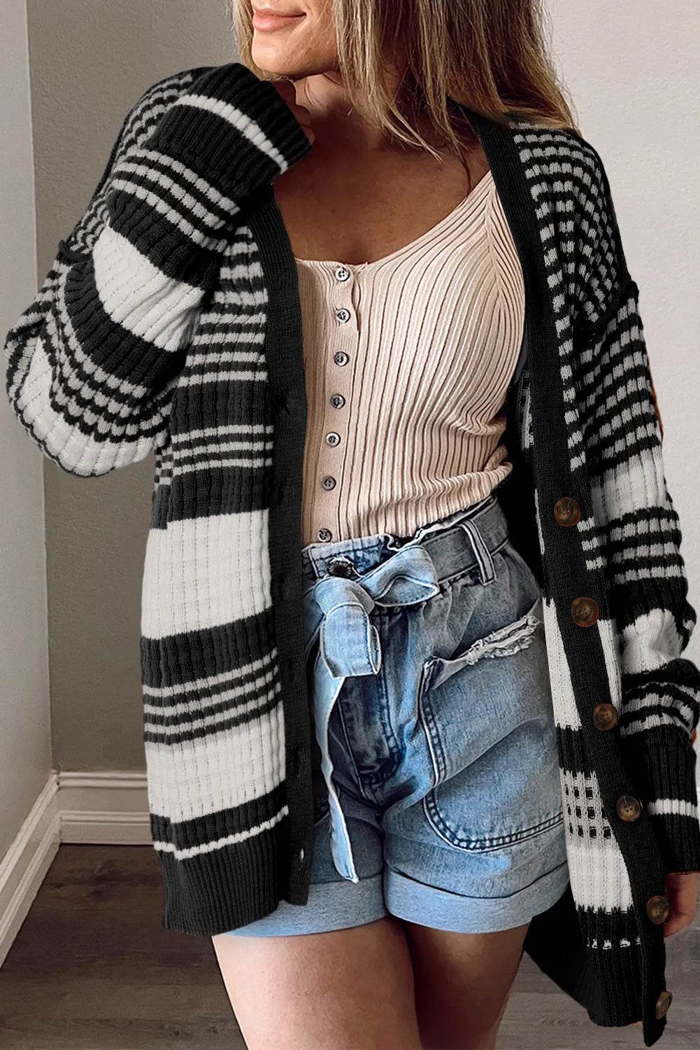 Striped Button Down Cardigan - Amexza