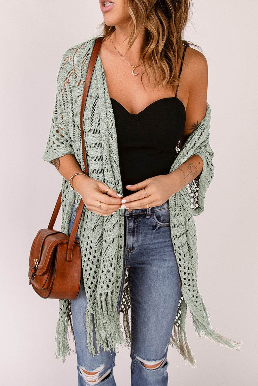 Openwork Open Front Cardigan with Fringes Sage One Size for a perfect OOTD – dress to impress outfits from Amexza