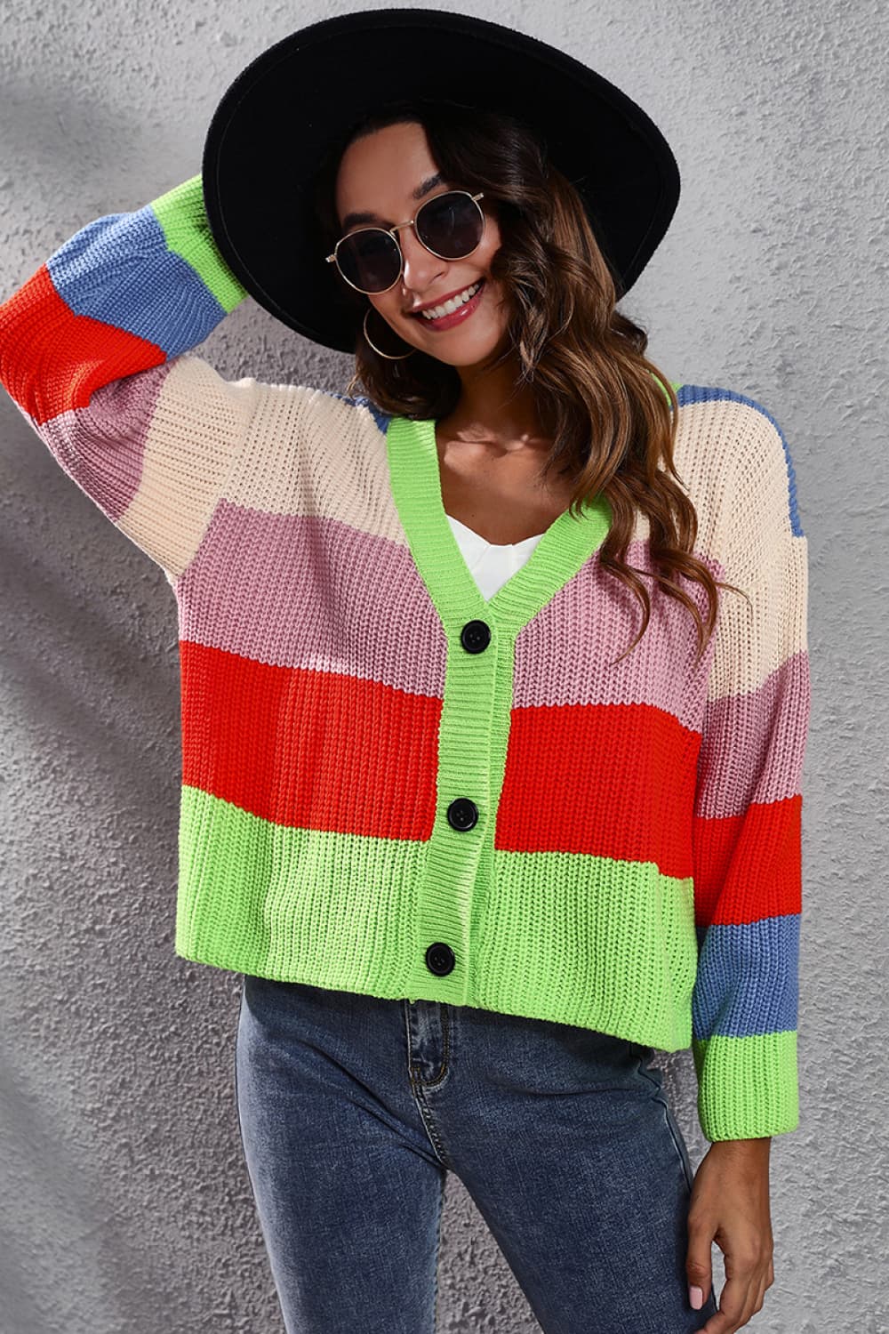 Color Block Button-Down Dropped Shoulder Cardigan Neon Green for a perfect OOTD – dress to impress outfits from Amexza