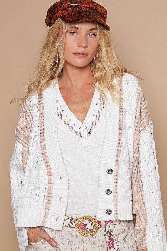 POL Cable-Knit Plaid V-Neck Button Up Cardigan White for a perfect OOTD – dress to impress outfits from Amexza