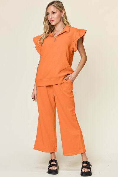 Double Take Texture Ruffle Short Sleeve Top and Drawstring Wide Leg Pants Set Tangerine for a perfect OOTD – dress to impress outfits from Amexza