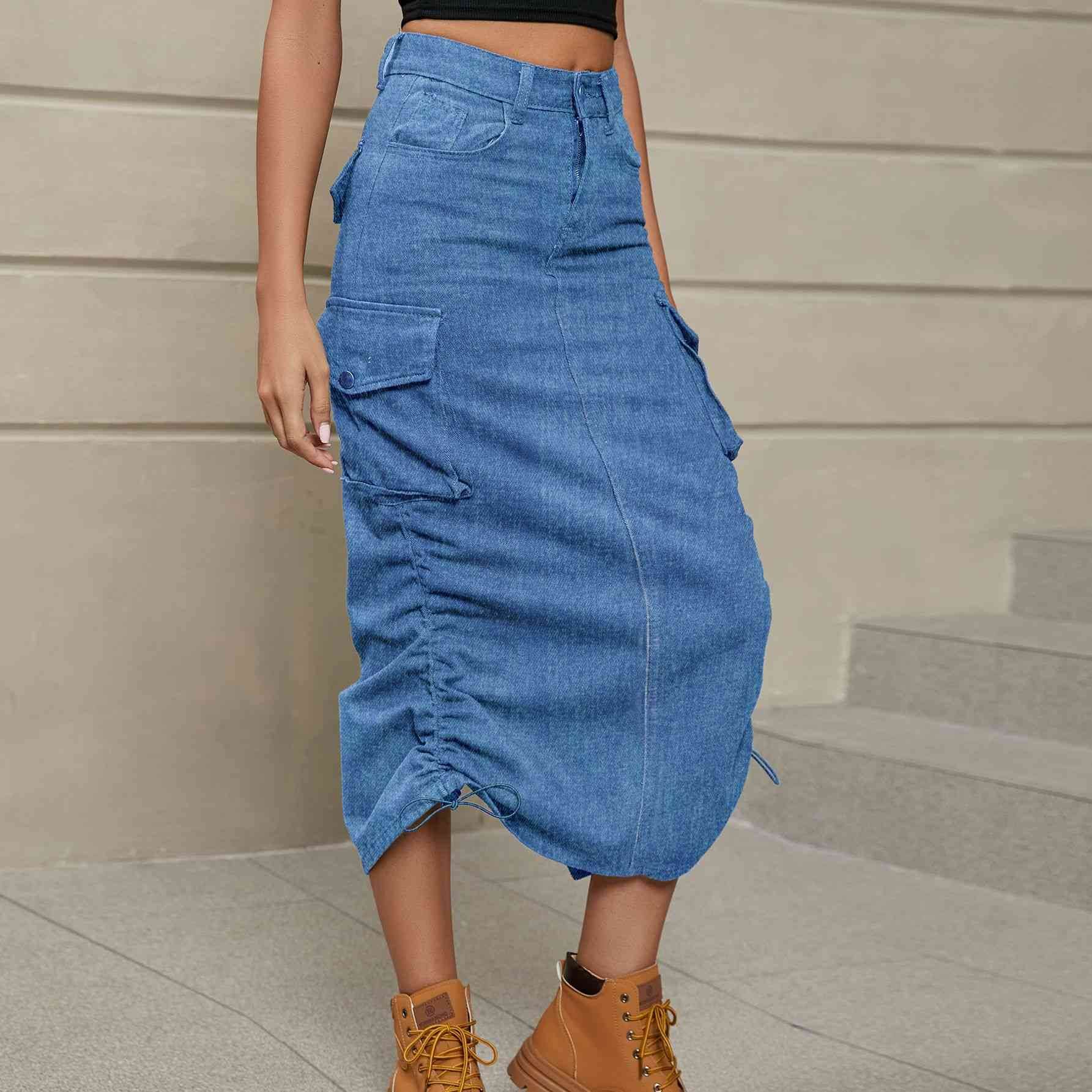 Drawstring Ruched Slit Denim Midi Skirt Denim for a perfect OOTD – dress to impress outfits from Amexza