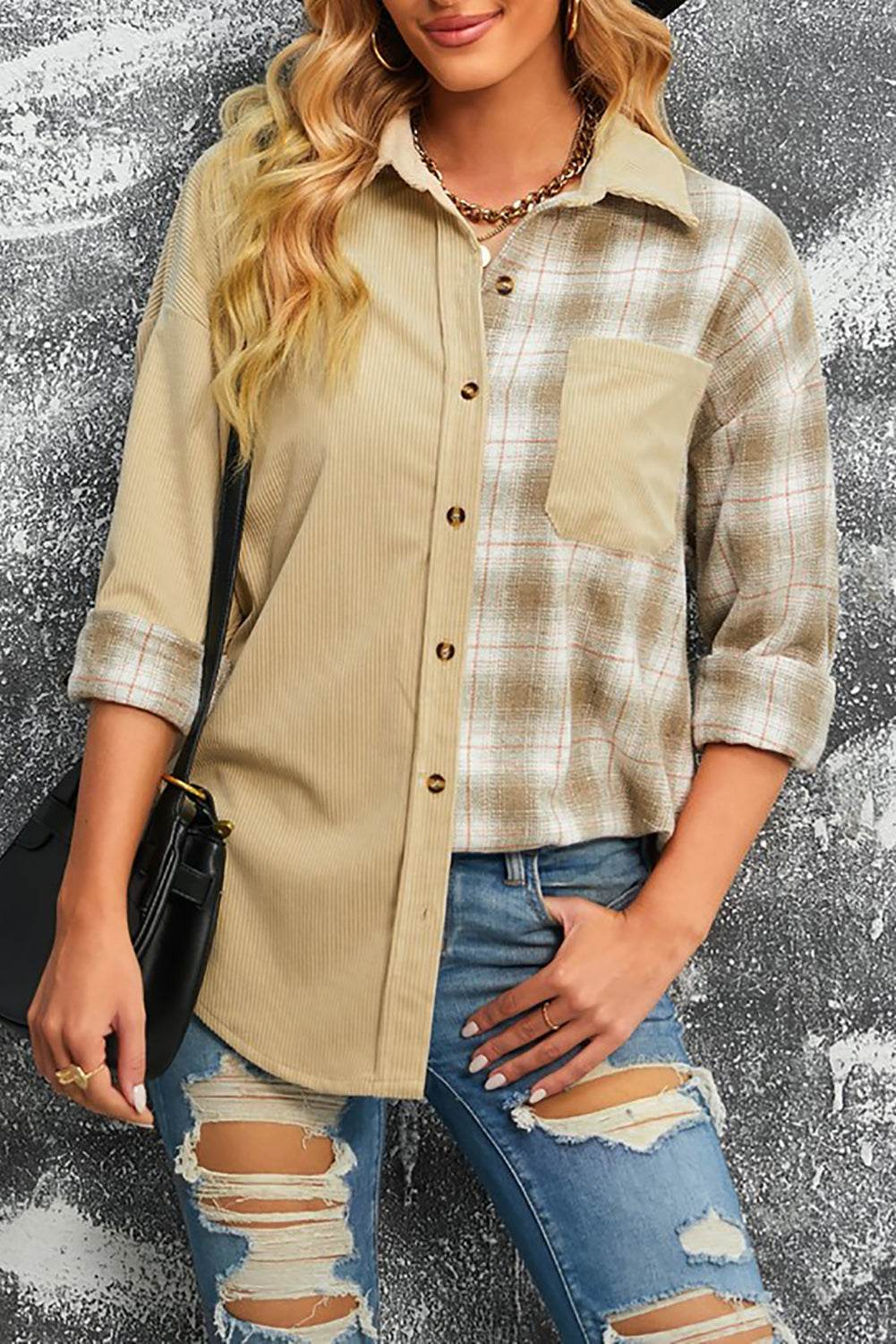 Plaid Button Up Drop Shoulder Shacket Beige for a perfect OOTD – dress to impress outfits from Amexza