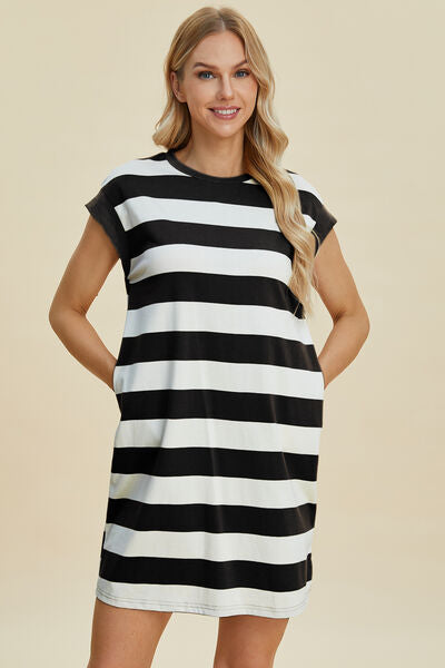 Basic Bae Full Size Striped Round Neck Cap Sleeve Mini Dress for a perfect OOTD – dress to impress outfits from Amexza