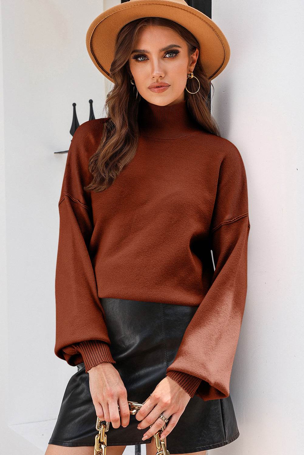 Turtleneck Lantern Sleeve Sweater Wine for a perfect OOTD – dress to impress outfits from Amexza