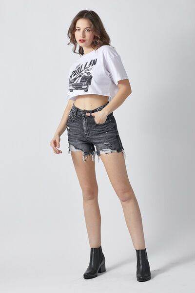 RISEN Full Size High Rise Distressed Denim Shorts - Amexza