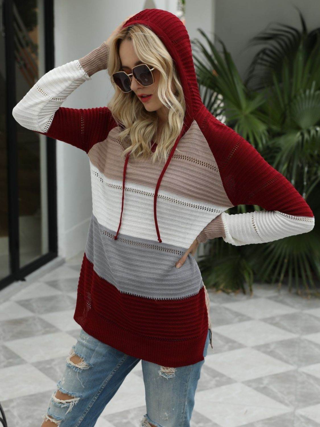 Drawstring Contrast Long Sleeve Hooded T-Shirt for a perfect OOTD – dress to impress outfits from Amexza