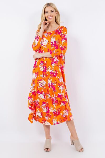 Celeste Full Size Pick-Up Hem Asymmetric Floral Midi Dress Orange Floral for a perfect OOTD – dress to impress outfits from Amexza