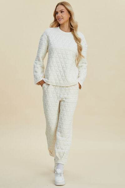 Double Take Full Size Texture Round Neck Long Sleeve Top and Pants Set - Amexza