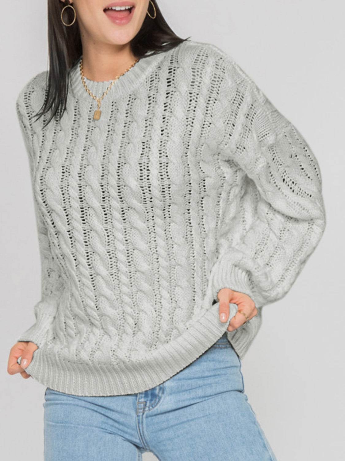 Openwork Round Sleeve Cable-Knit Sweater for a perfect OOTD – dress to impress outfits from Amexza