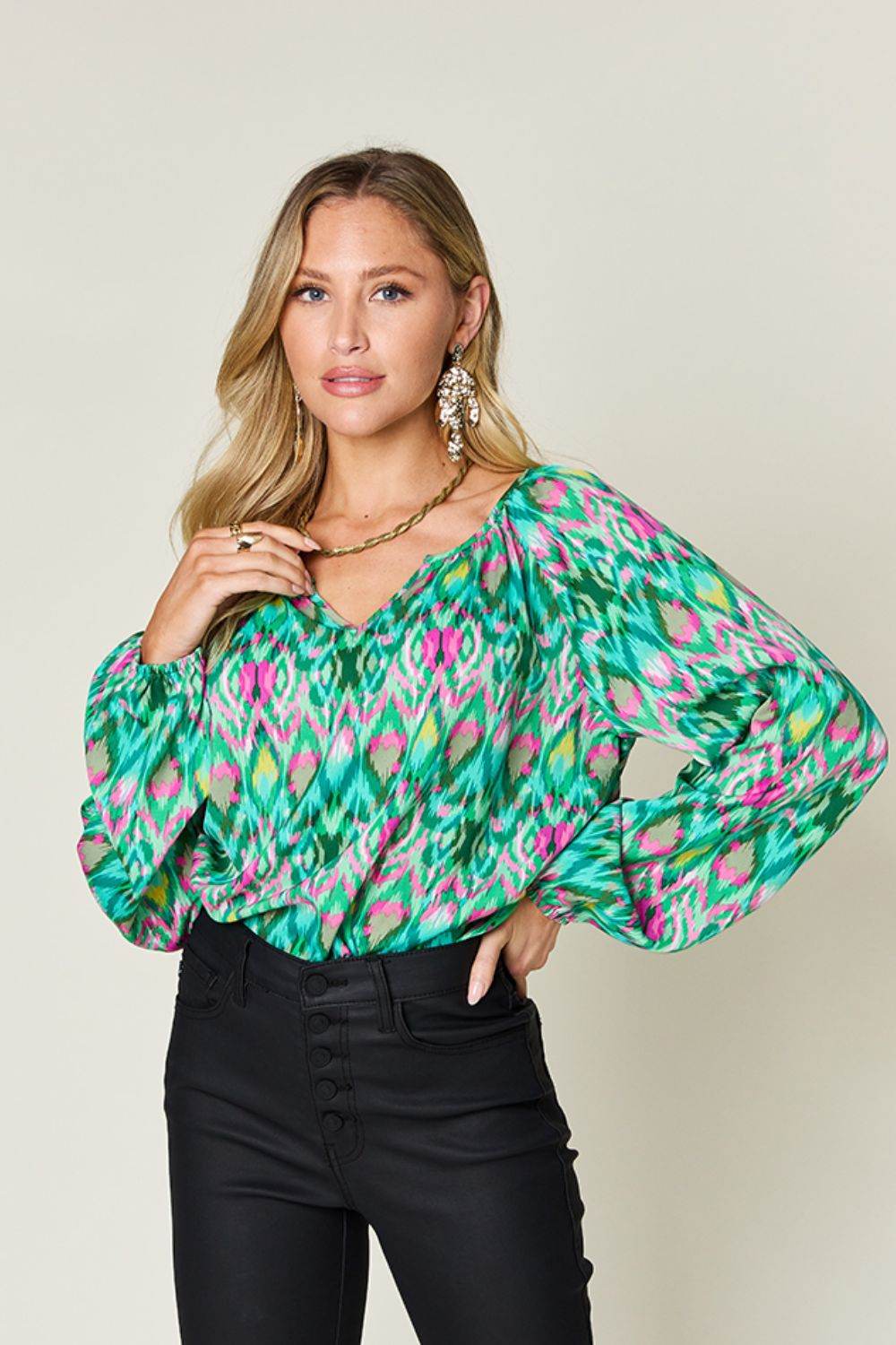 Double Take Full Size Printed Balloon Sleeve Blouse Green for a perfect OOTD – dress to impress outfits from Amexza