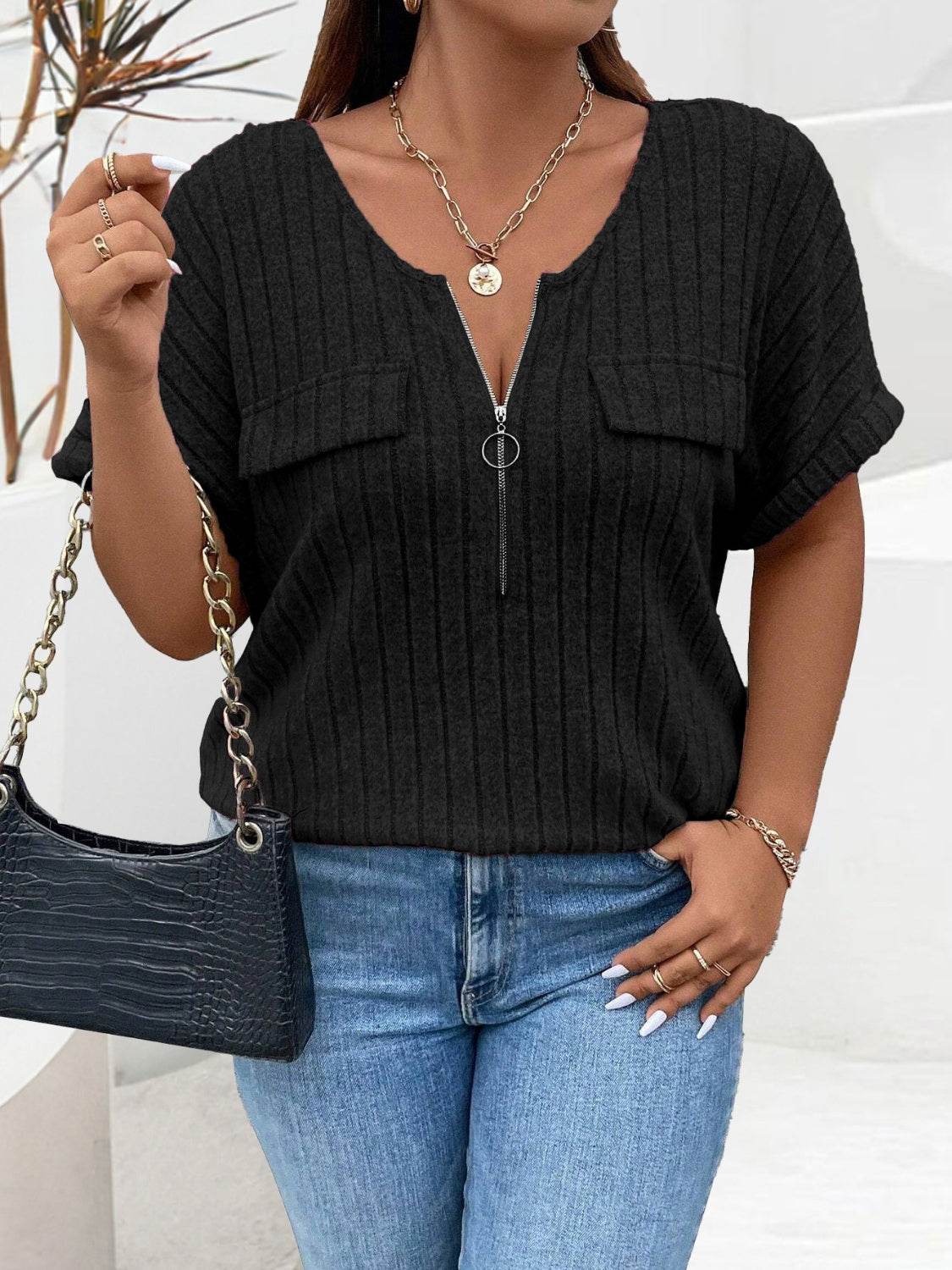 Plus Size Half Zip Short Sleeve T-Shirt for a perfect OOTD – dress to impress outfits from Amexza