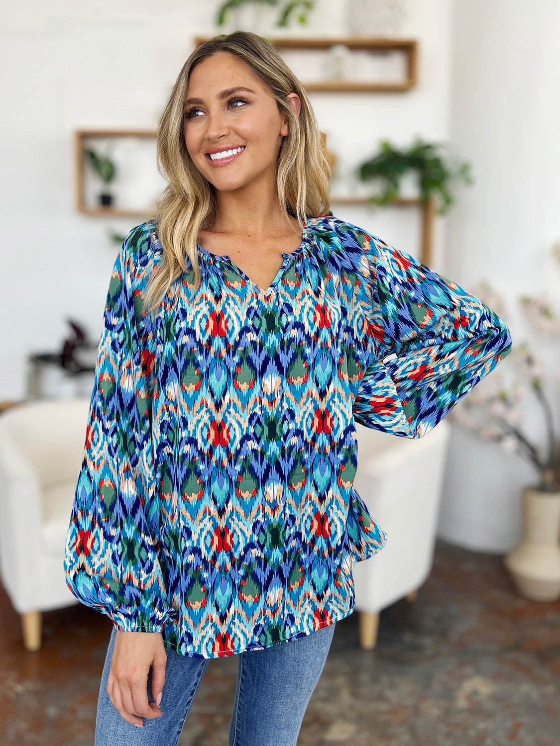 Double Take Full Size Printed Balloon Sleeve Blouse for a perfect OOTD – dress to impress outfits from Amexza