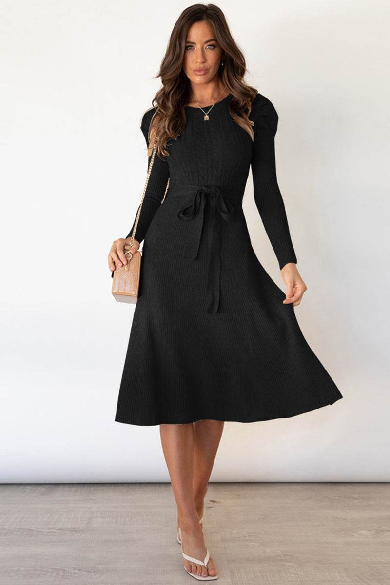 Round Neck Long Sleeve Tie Waist Sweater Dress Black for a perfect OOTD – dress to impress outfits from Amexza