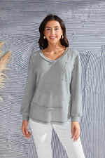 Waffle-Knit V-Neck Blouse with Breast Pocket - Amexza