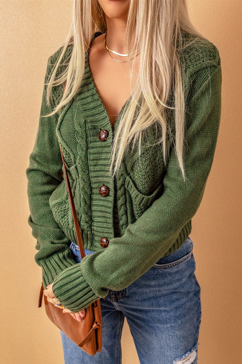 Cable-Knit Button Down V-Neck Cardigan - Amexza