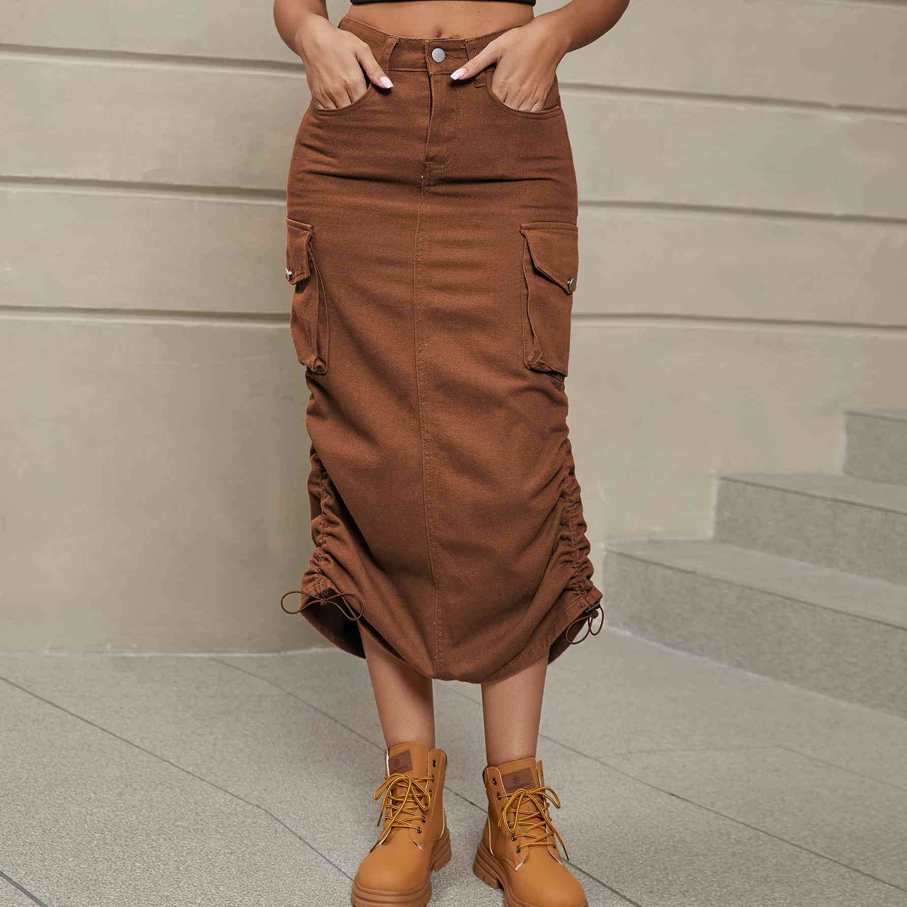 Drawstring Ruched Slit Denim Midi Skirt Chestnut for a perfect OOTD – dress to impress outfits from Amexza