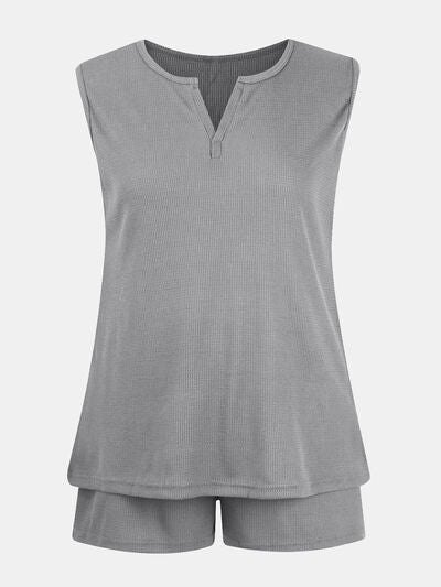 Full Size Waffle-Knit Notched Top and Shorts Set Gray for a perfect OOTD – dress to impress outfits from Amexza