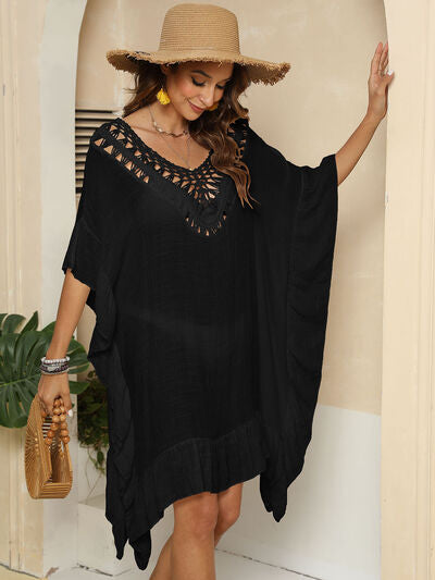 Cutout Ruffled Half Sleeve Cover-Up Black One Size for a perfect OOTD – dress to impress outfits from Amexza