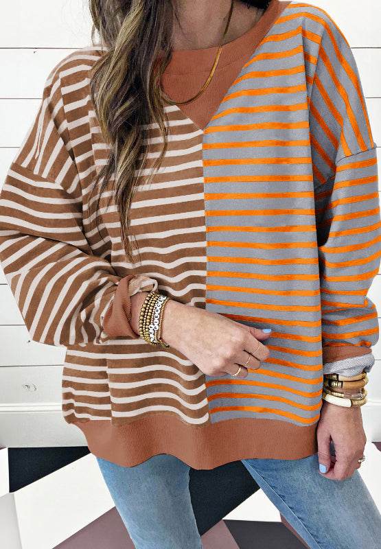 Contrast Striped Round Neck Long Sleeve Sweatshirt - Amexza