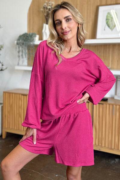 Double Take Full Size Texture V-Neck Long Sleeve T-Shirt and Shorts Set for a perfect OOTD – dress to impress outfits from Amexza