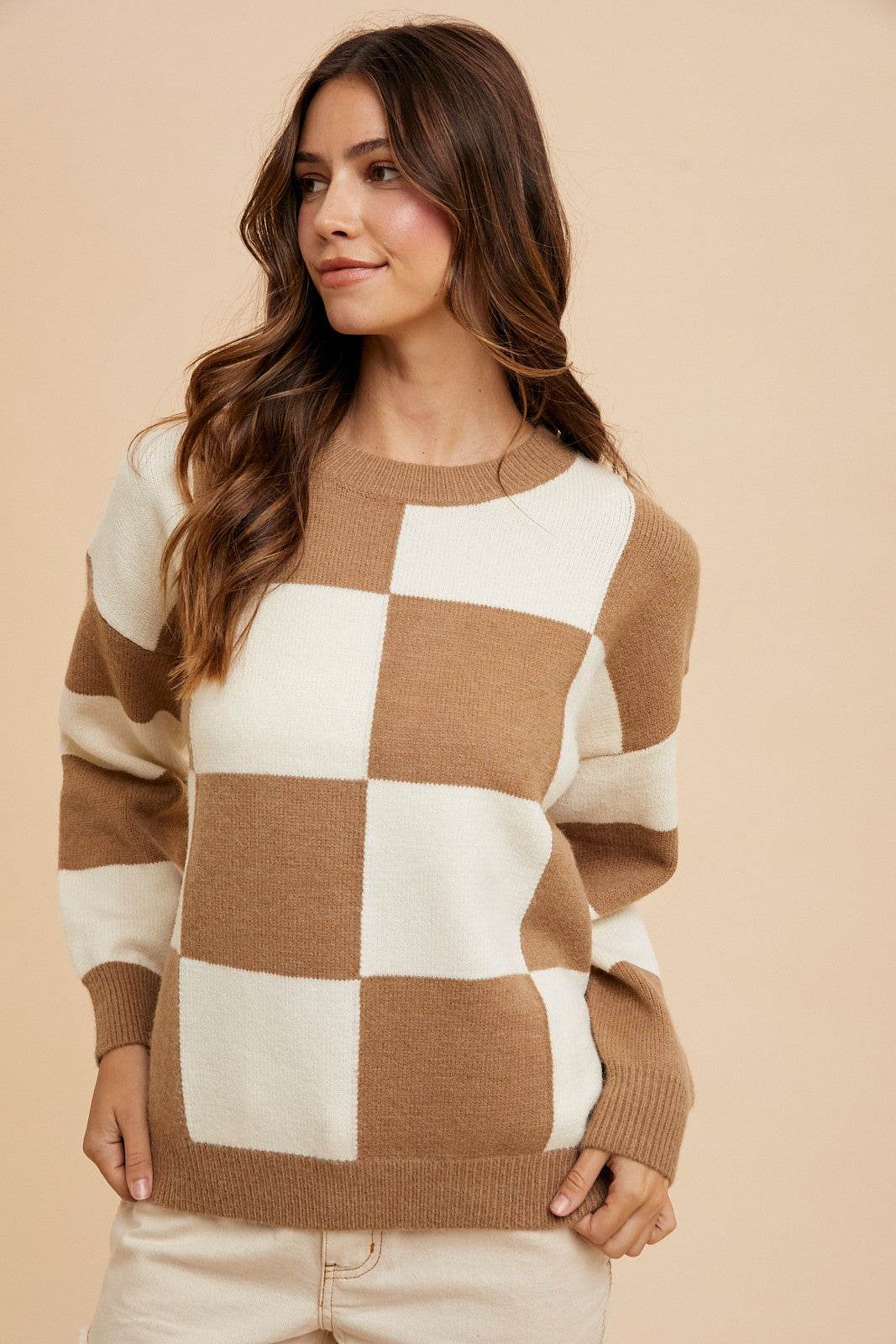 Annie Wear Checkered Round Neck Dropped Shoulder Sweater Mocha for a perfect OOTD – dress to impress outfits from Amexza