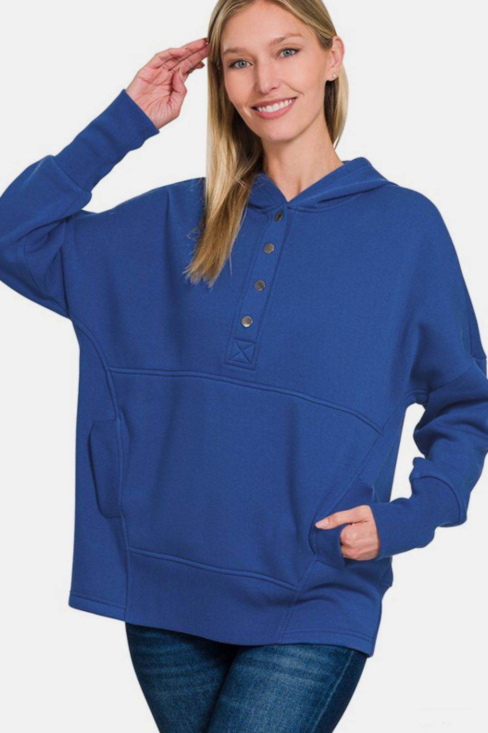 Zenana Half Snap Long Sleeve Hoodie with Kangaroo Pocket Navy for a perfect OOTD – dress to impress outfits from Amexza