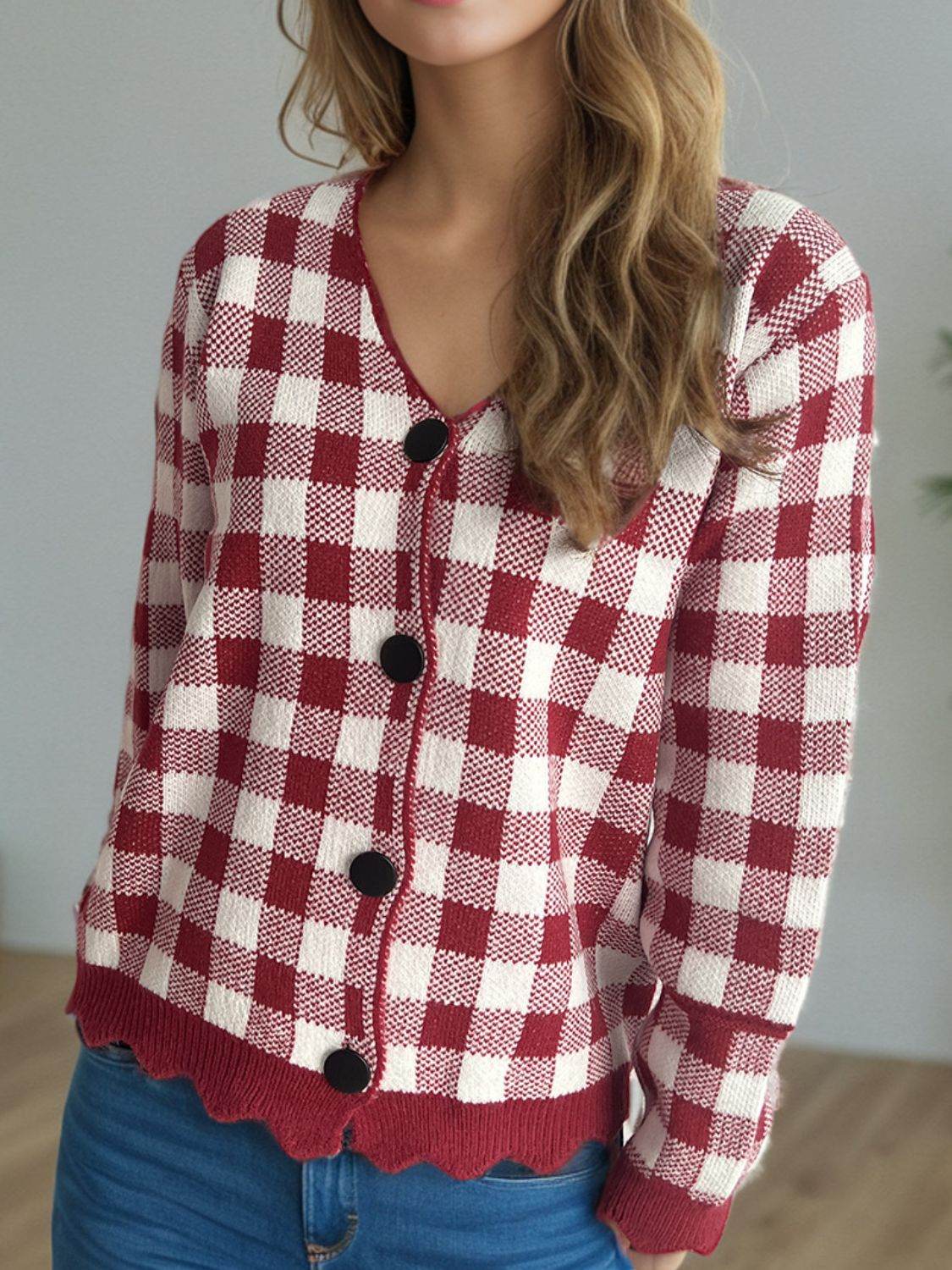 Plaid V-Neck Button Up Cardigan Burgundy One Size for a perfect OOTD – dress to impress outfits from Amexza