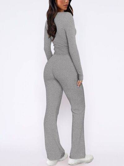 V-Neck Long Sleeve Top and Pants Set - Amexza