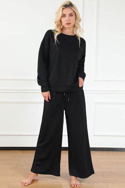 Double Take Full Size Textured Long Sleeve Top and Drawstring Pants Set Black for a perfect OOTD – dress to impress outfits from Amexza