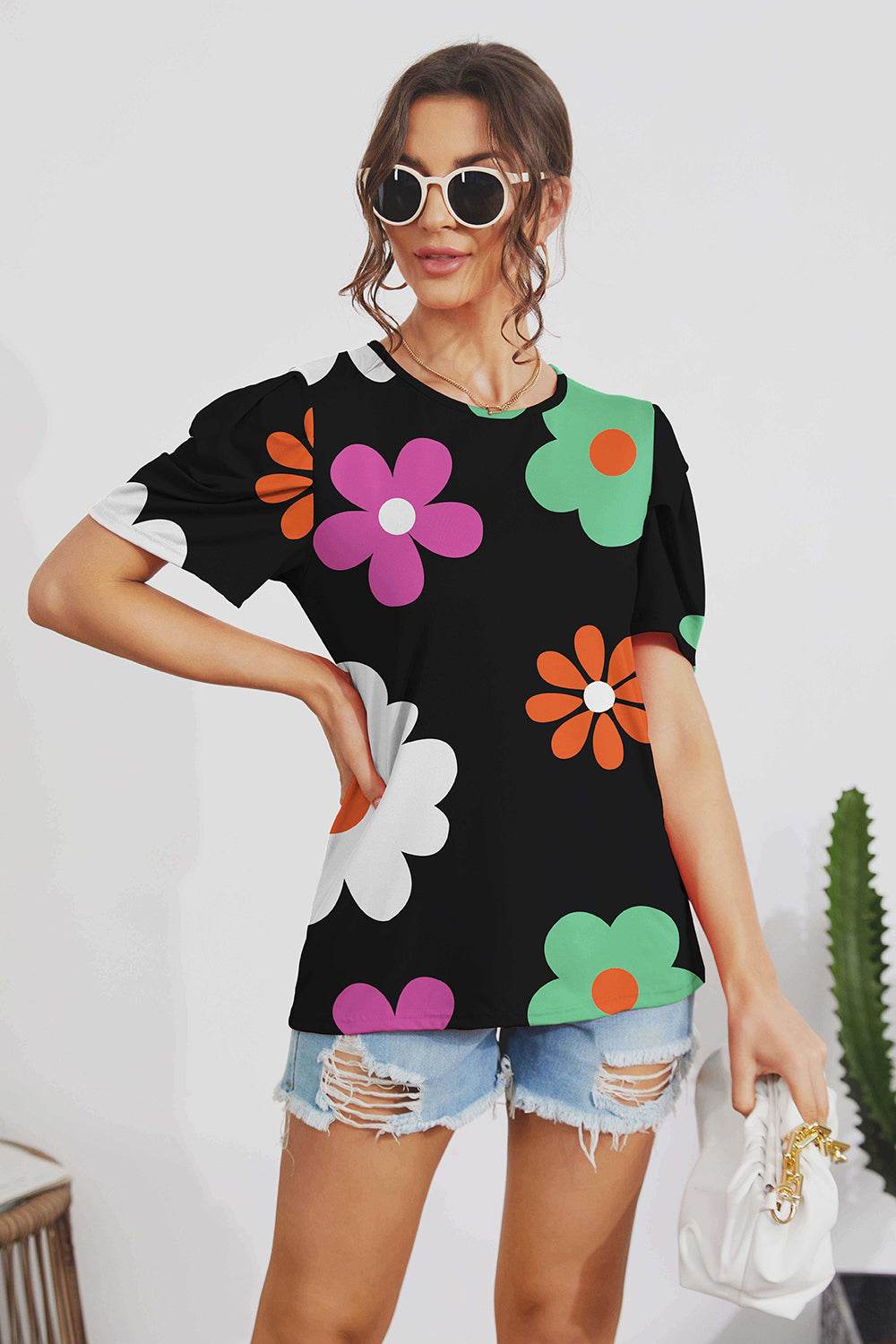 FAM-FAM Flower Round Neck Short Sleeve Blouse Black for a perfect OOTD – dress to impress outfits from Amexza