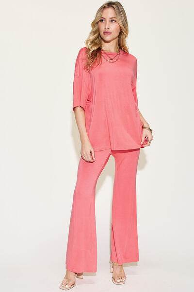 Basic Bae Full Size Bamboo Drop Shoulder T-Shirt and Flare Pants Set for a perfect OOTD – dress to impress outfits from Amexza