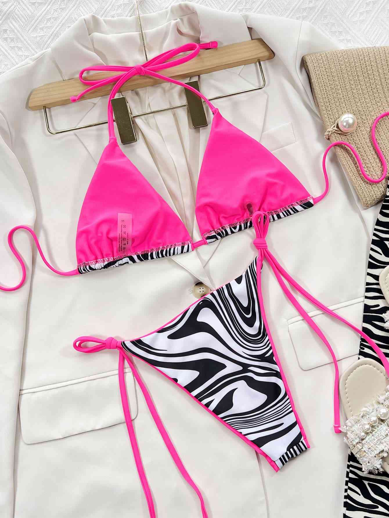 Zebra Print Halter Neck Tie Side Bikini Set for a perfect OOTD – dress to impress outfits from Amexza