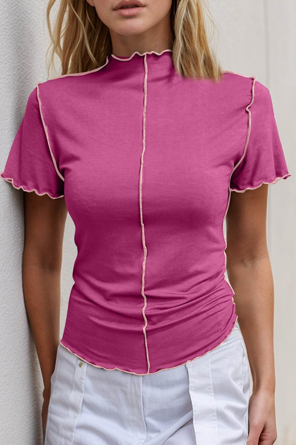 Basic Bae Contrast Trim Mock Neck Short Sleeve T-Shirt Hot Pink for a perfect OOTD – dress to impress outfits from Amexza