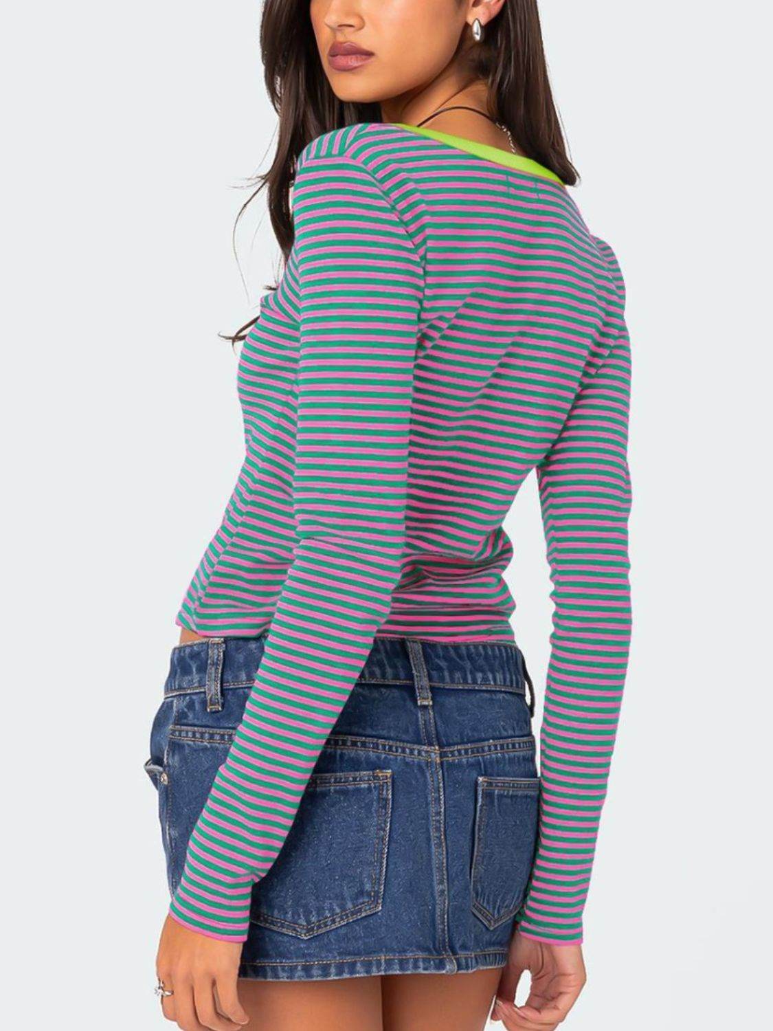 Buttoned Striped Long Sleeve T-Shirt for a perfect OOTD – dress to impress outfits from Amexza