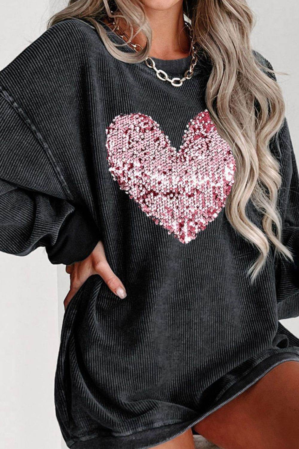 Valentine’s Day Sequin Heart Round Neck Long Sleeve Sweatshirt for a perfect OOTD – dress to impress outfits from Amexza