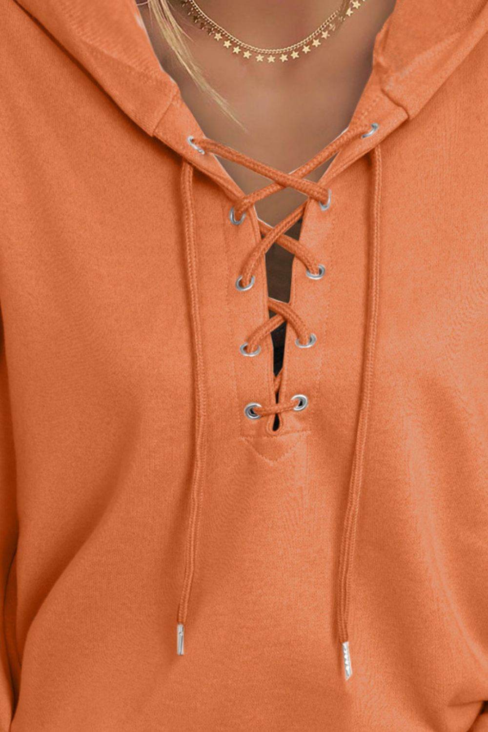 Lace Up Long Sleeve Hoodie - Amexza