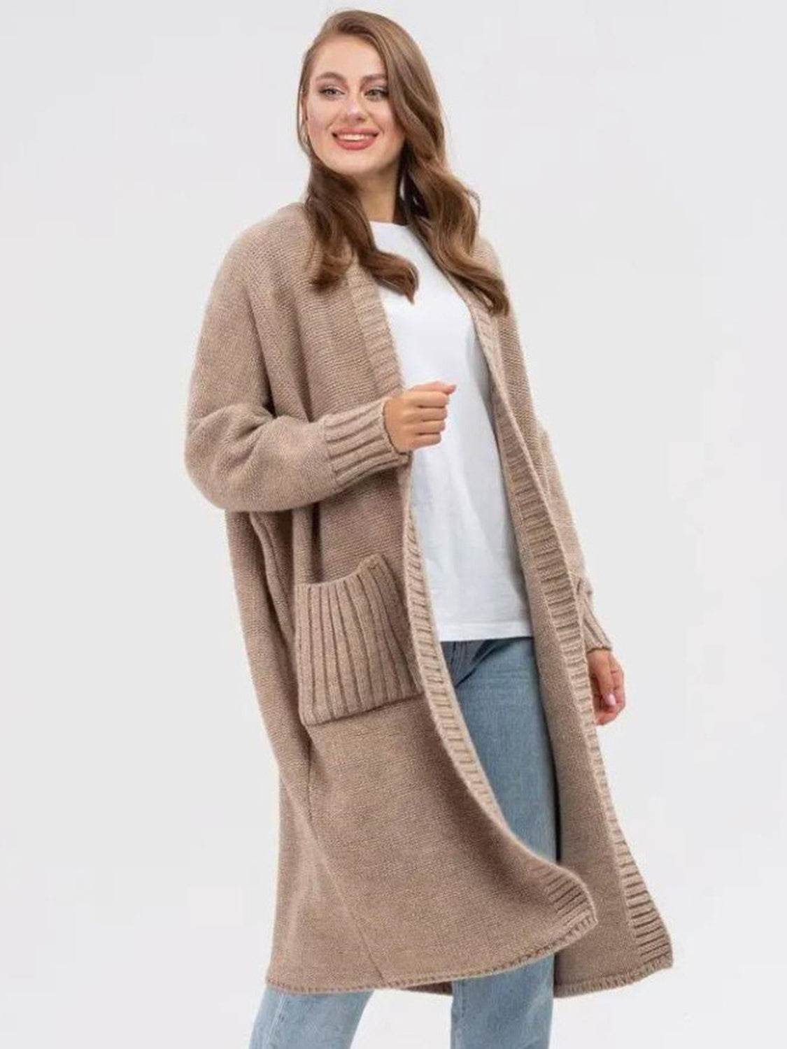 Pocketed Open Front Long Sleeve Longline Cardigan - Amexza