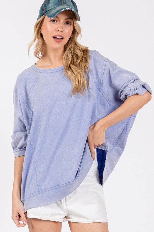 SAGE + FIG Mineral Washed Side Slit Round Neck Sweatshirt for a perfect OOTD – dress to impress outfits from Amexza