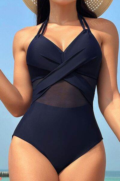 Crisscross Halter Neck One-Piece Swimwear Dark Blue for a perfect OOTD – dress to impress outfits from Amexza