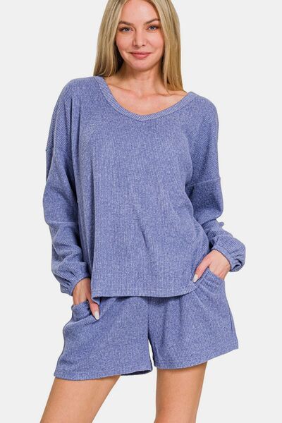 Zenana V-Neck Long Sleeve Ribbed Top and Shorts Set Blue Purple for a perfect OOTD – dress to impress outfits from Amexza