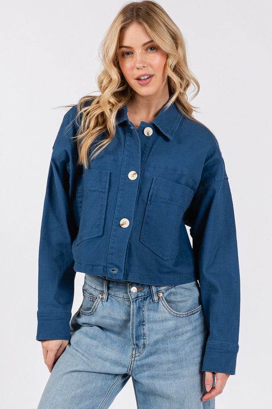 bytos Button Down Cropped Denim Jacket with Patch Pockets Peacock Blue for a perfect OOTD – dress to impress outfits from Amexza