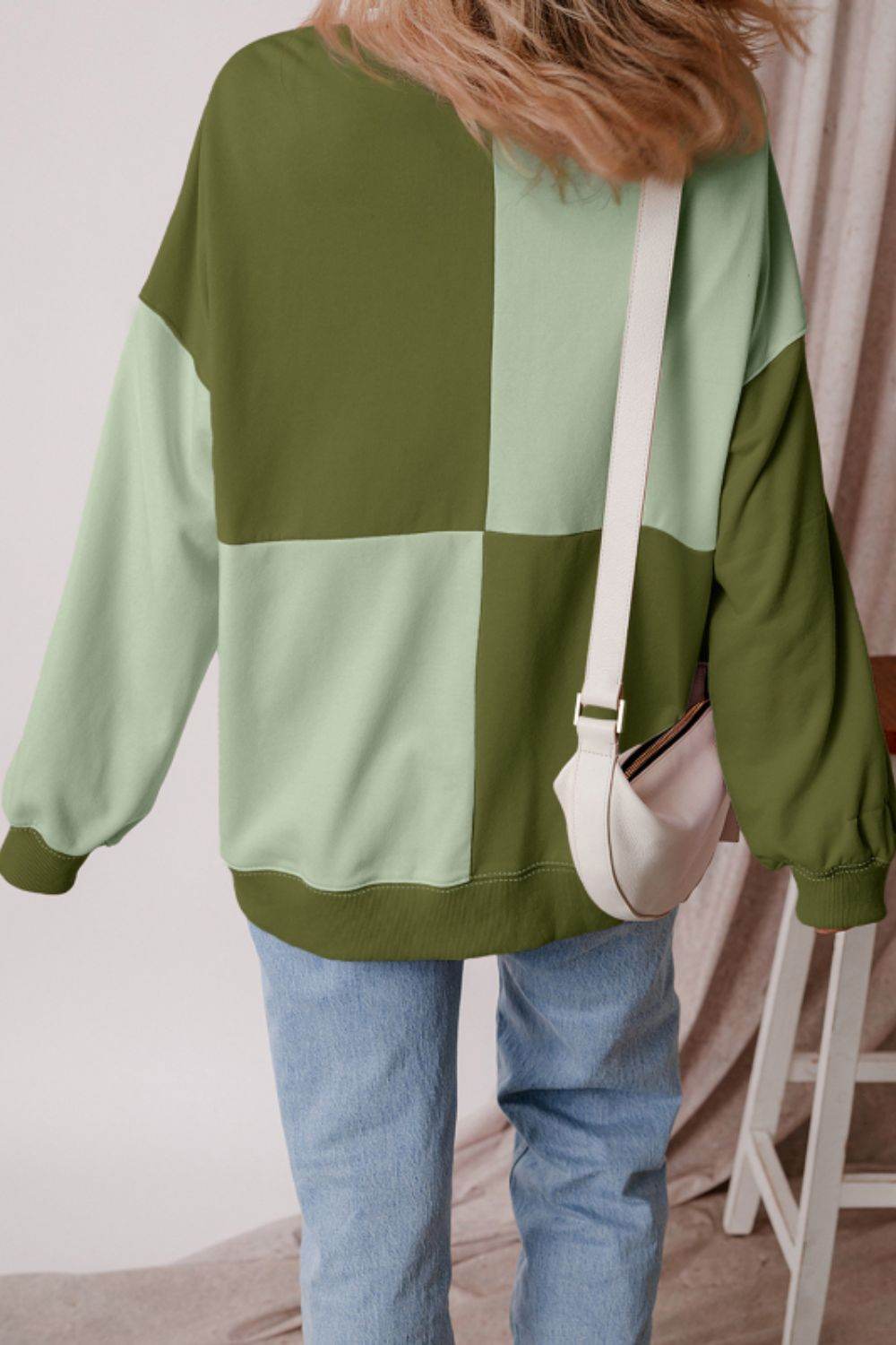 Color Block Half Button Long Sleeve Sweatshirt - Amexza