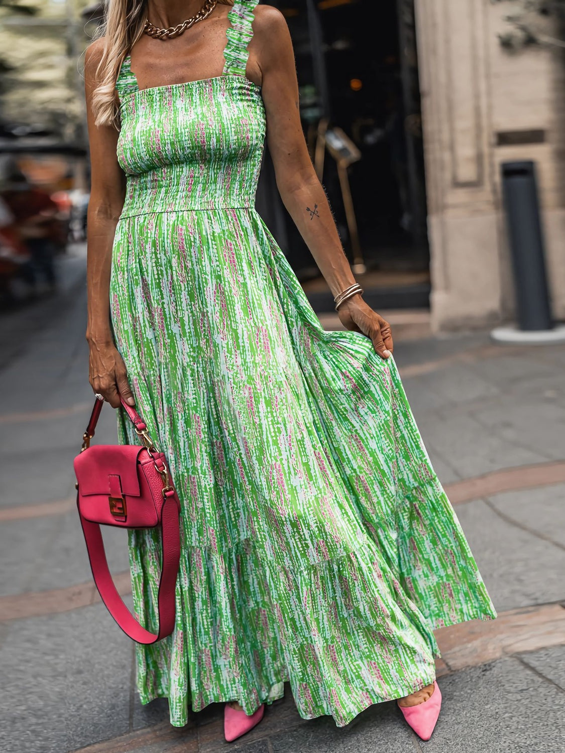 Smocked Printed Square Neck Sleeveless Dress - Light Green / S