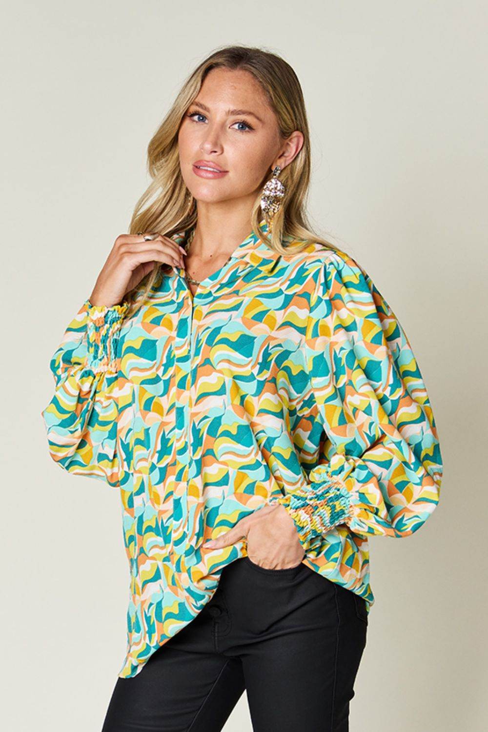 Double Take Full Size Printed Smocked Long Sleeve Blouse Turquoise for a perfect OOTD – dress to impress outfits from Amexza