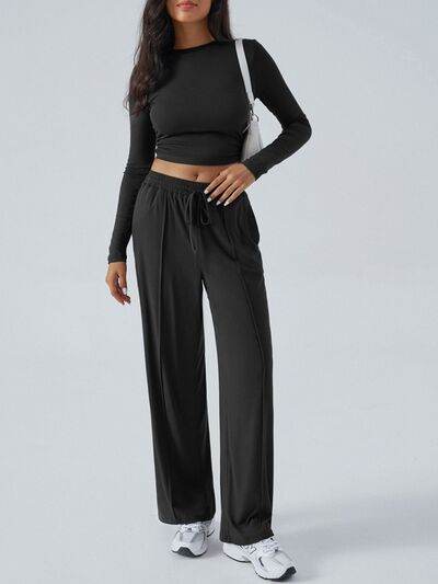 Devine Round Neck Long Sleeve Top and Pants Set - Amexza