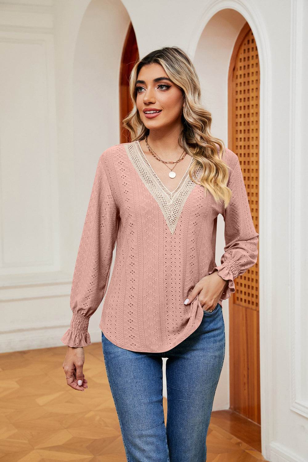 Contrast Flounce Sleeve Blouse Dusty Pink for a perfect OOTD – dress to impress outfits from Amexza