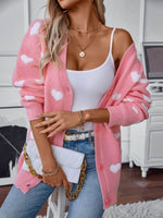 Heart V-Neck Button Up Long Sleeve Cardigan - Amexza