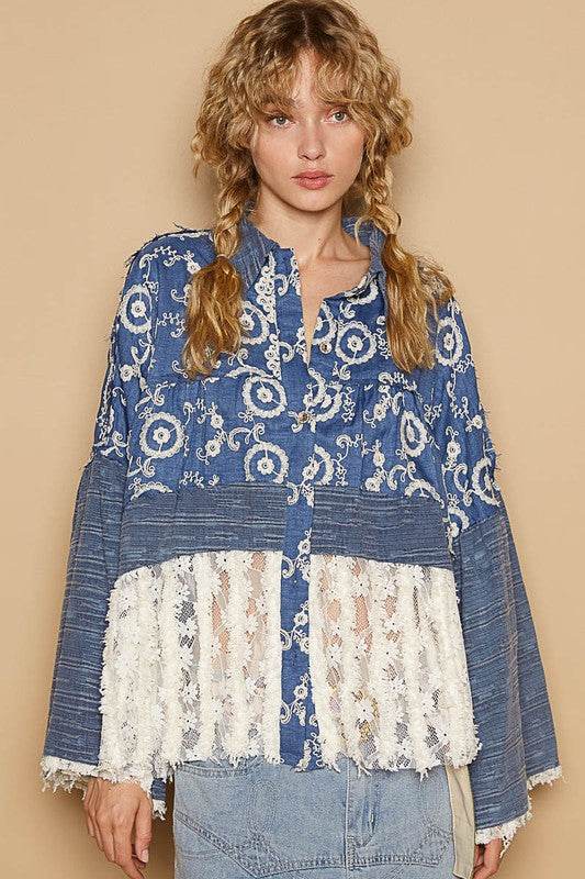 POL Lace Hem Embroidered Long Sleeve Shirt Peacock Blue for a perfect OOTD – dress to impress outfits from Amexza