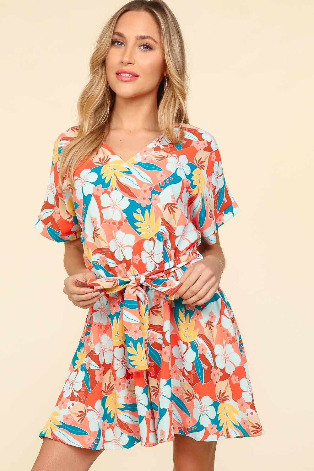 Haptics Tropical Floral Short Sleeve Tied Romper Coral Teal Light Blue for a perfect OOTD – dress to impress outfits from Amexza